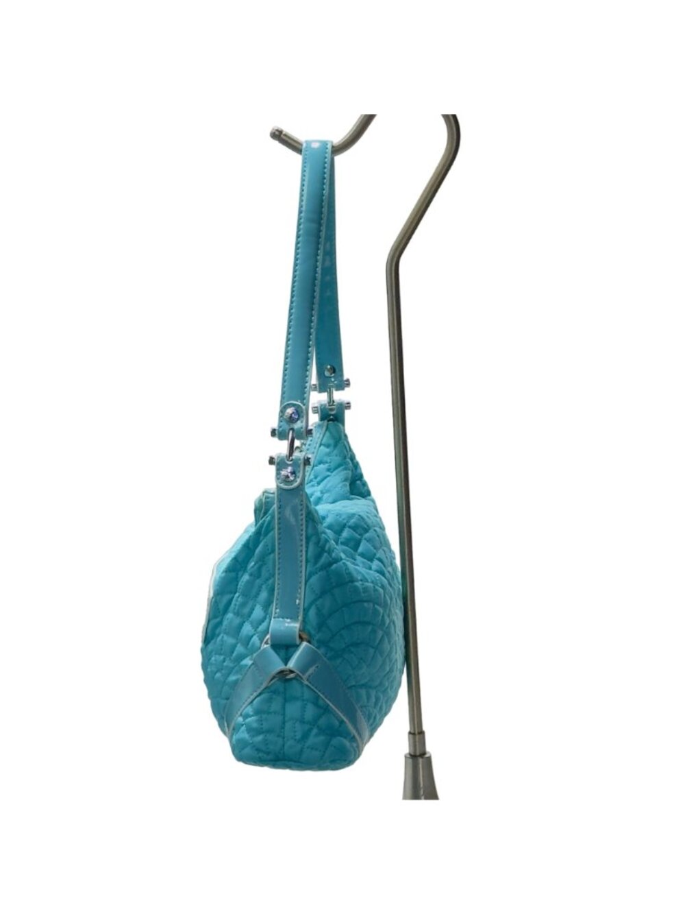 VERA BRADLEY Women's Handbag Blue Quilted Fabric Patent Leather Trim Zip Pocket - Picture 3 of 16